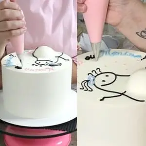 Fernanda decorando um bolo grande com uma florka grávida, com o tema "menino ou menina?".